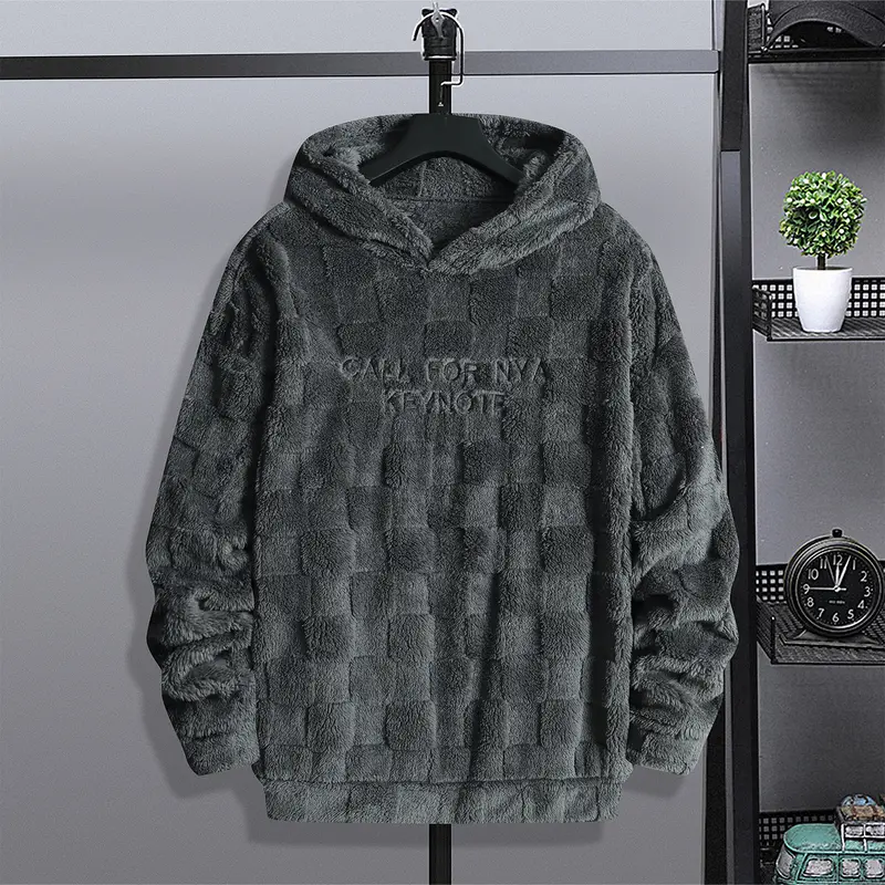 Men's Plush Checkered Hoodie "CALL FOR NYA KEYNOTE" Embroidered Soft Fleece Pullover Casual Comfortable Sweatshirt with Unique Design and All-Day Comfort Grey Long Sleeve Menswear