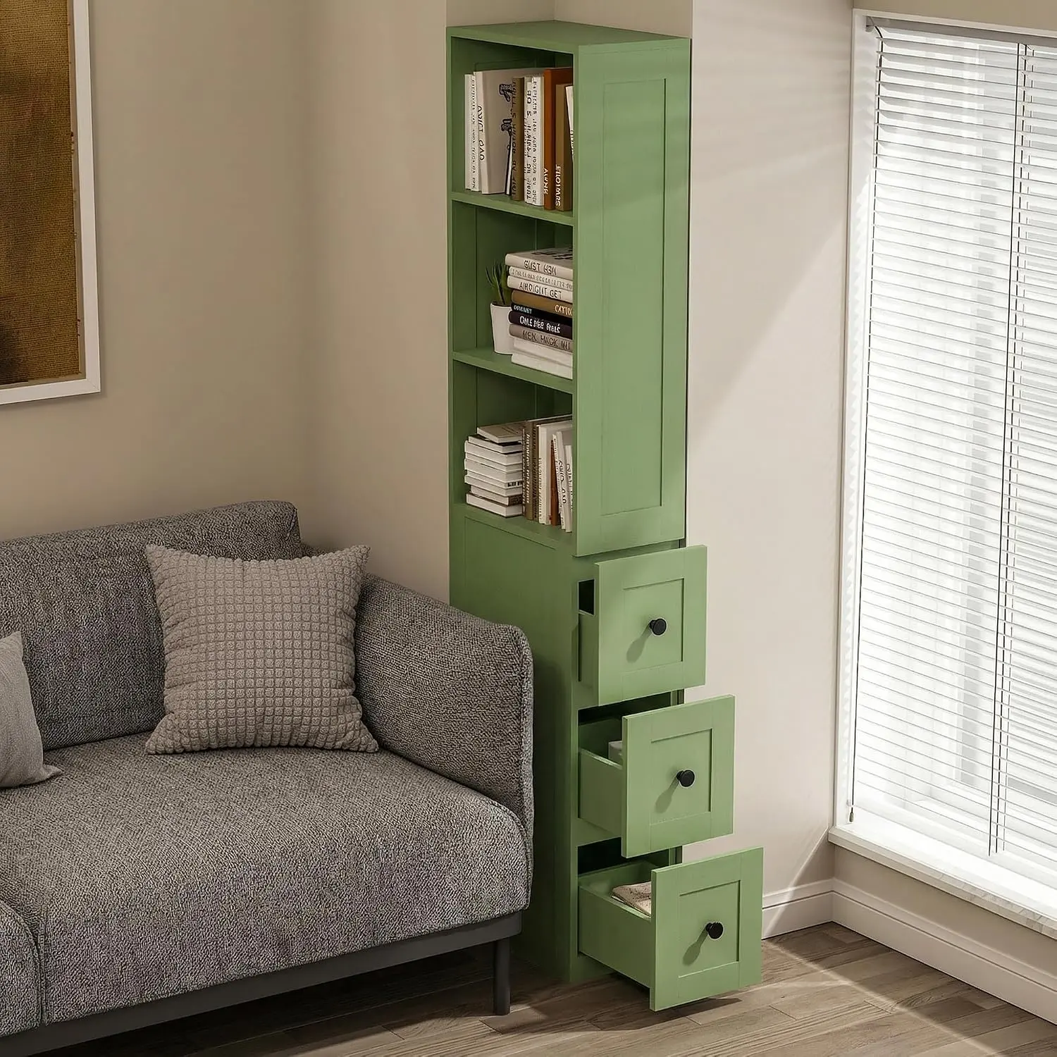LAUSAINT HOME Tall Slim Storage Cabinet with Door, 3 Drawers & 2 Adjustable Shelves, Narrow Bathroom Storage Cabinet, Freestanding Floor Cabinet Organizer for Small Spaces, Bathroom, Kitchen, Green
