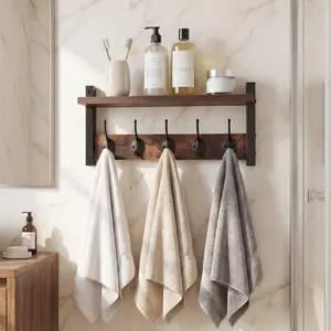Rustic Brown Wall Mount Coat Rack with Shelf and 5 Tri Hooks, Wood Coat Hangers for Cups, Dinnerware, Hanging Hat, Towel, Purse, Jacket, Kitchen Use tiktokshopspringglowup