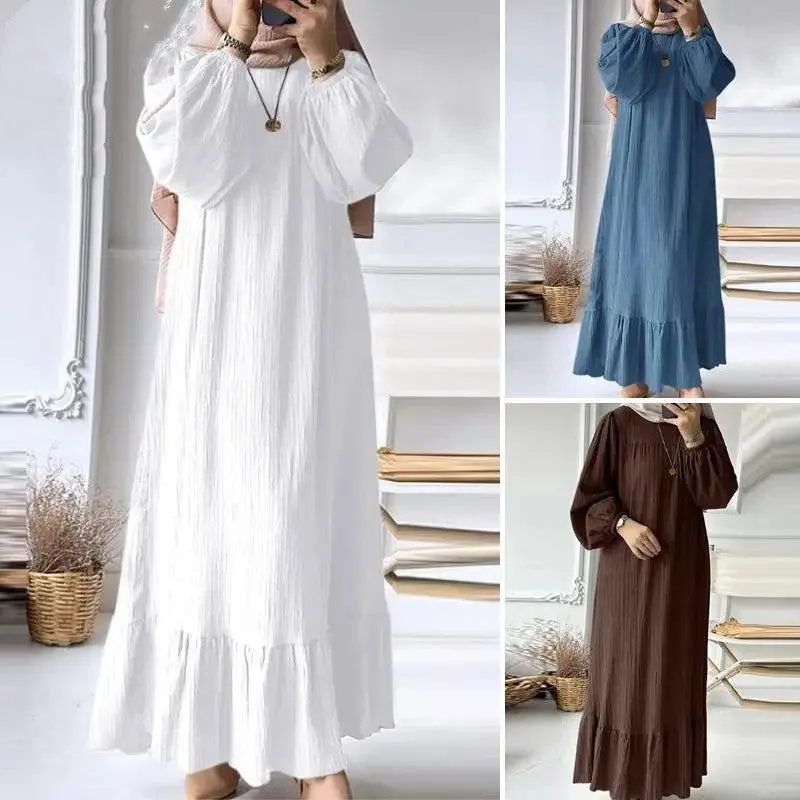 Women's Vintage Solid Breathable Cotton-Linen Maxi Dress - Long Sleeve O-Neck Kaftan with Ruffled Hem, Gauze Detailing, 30%-50% Flax Content, Modest Muslim Dresses, Hijabi Fashion, All-Season Elegant Wear