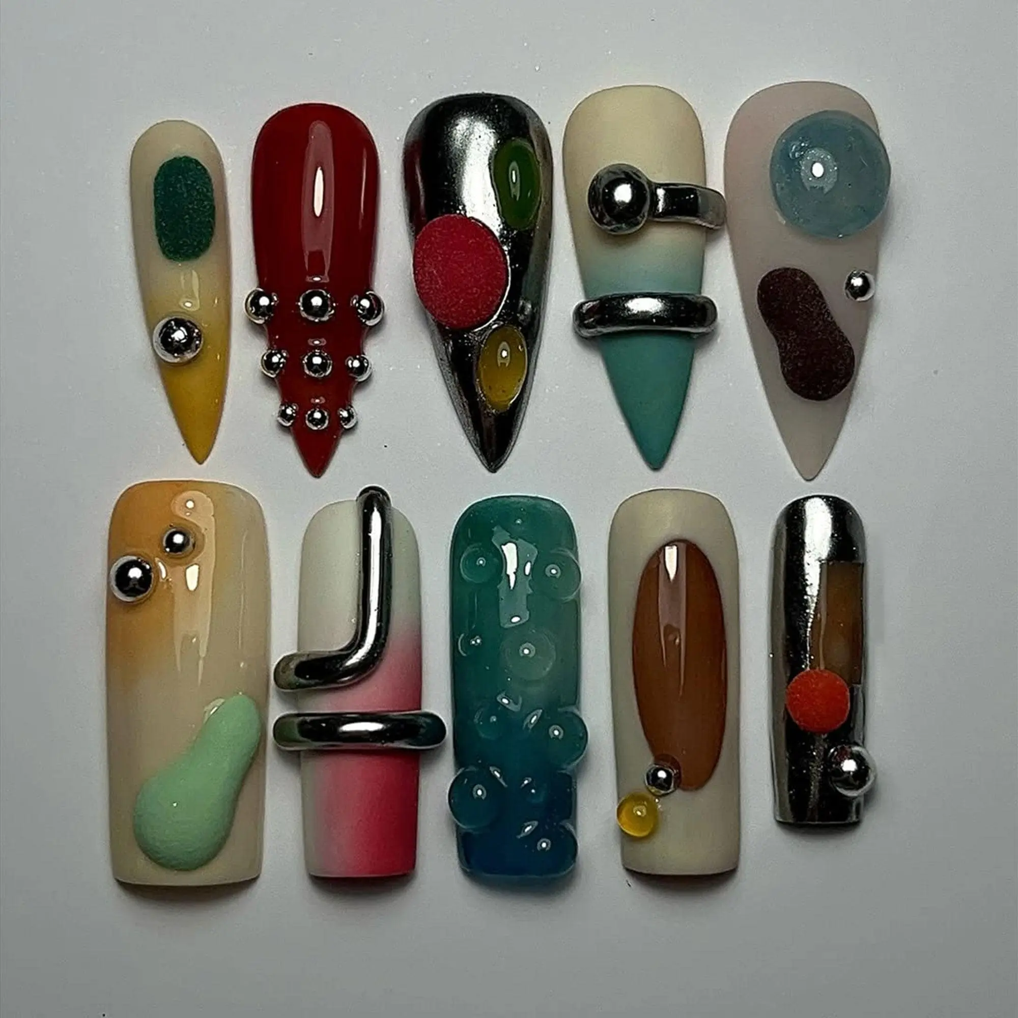 Handmade Pop Art Press On Nails, 3D Chrome Bubble Gel Nail Art, Color Block Abstract Fake Nails, Trendy Statement Manicure, Artistic Gift for Her