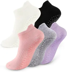 Women’s Non-Slip Grip Socks 5 Pairs Mid-Calf Crew Length for Pilates Yoga Barre Home Workout Soft Breathable Comfortable Bridal Womenswear Love Fabric Bottom