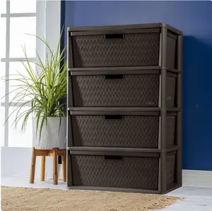 Wide 4 Drawer Tower Easy to Assemble with Removable Decorative Cross-Weave Plastic Drawers Tool-Free Brown Storage Unit