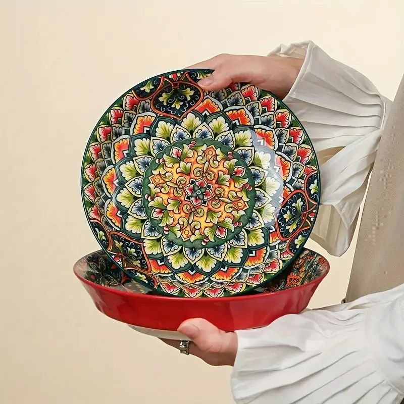 Bohemian Style Ceramic Kitchenware Tableware Pasta Bowls Set, Kitchenware Ceramics, 32 Oz Colorful Salad Serving Bowls and Soup Bowls, Dishwasher and Microwave Safe, Perfect for Home Kitchen or Gift