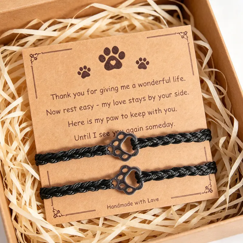 Unisex 2-Pcs Handmade Pet Memorial Bracelet Set - Stainless Steel Paw Print Handmade Charm, Braided Adjustable Cord Keepsake, Sympathy Gift with Card (2 Piece Set for Friendship, Couple, Unisex Wear), Two Piece Set, Braided Rope