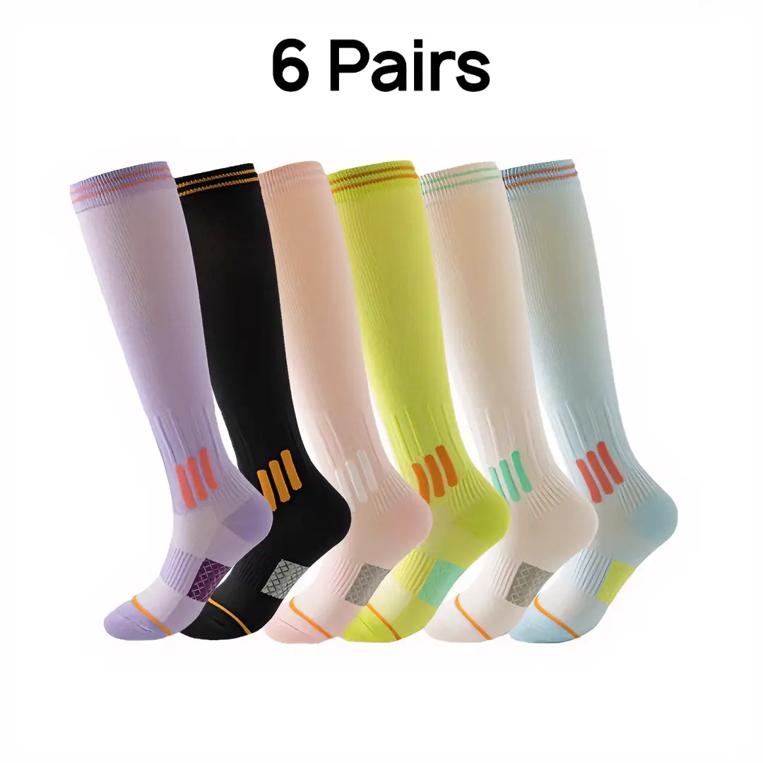 6 Pairs Cute Colorful Compression Socks for Women (15-20mmHg), Soft Breathable Knee High High Support Socks for Nursing, Athletic Running, Flying & Long Standing Relief