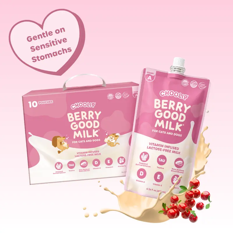 Choolip Berry Good Milk for Cats & Dogs - Lactose-Free Hydration & Energy Support Drink - Cranberry, Glucosamine & Omega-3 for Joint, Urinary & Immune Support (10 x 200mL Pouches)