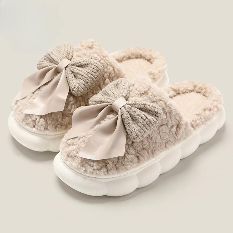Women’s Bow Slipper Shoes – Warm Indoor House Slippers with Non-Slip Thick Sole, Cozy Soft Plush Lining, Winter Home Shoes for Bedroom, Office, & Living Room Comfort