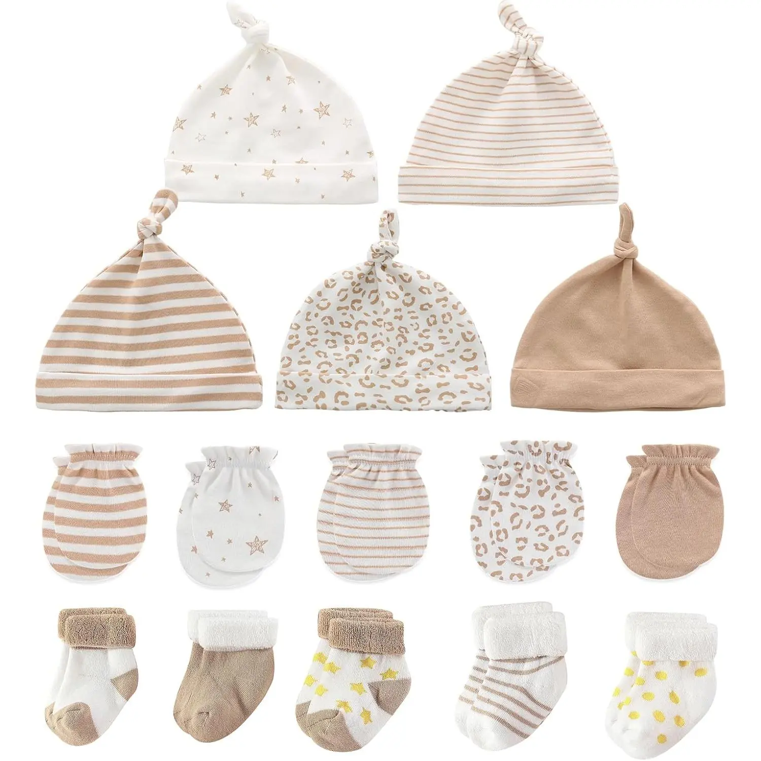 Newborn Variety Gift Set, 15-Piece Soft Cotton Caps, Mittens & Socks with Multiple Prints, Unisex Baby Essentials for 0-6 Months, Newborn Gift Set, Graphic, Baby Shower Party, Unisex Set