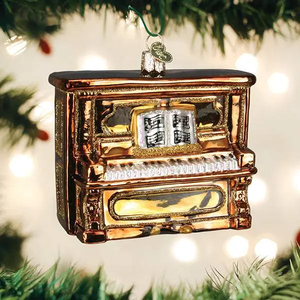 Brown Upright Piano Mouth-Blown Handcrafted Glass Figurine - Brightly Colored Lacquers, Glitter Accents, Home Decor Ornament