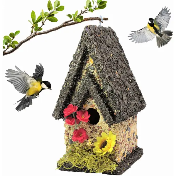 Edible Bird Feeder - Dark Roof Tall Birdhouse Handcrafted in USA Solid Wood Premium Birdseed Blend Attracts Songbirds Deters Squirrels with Chili Flakes
