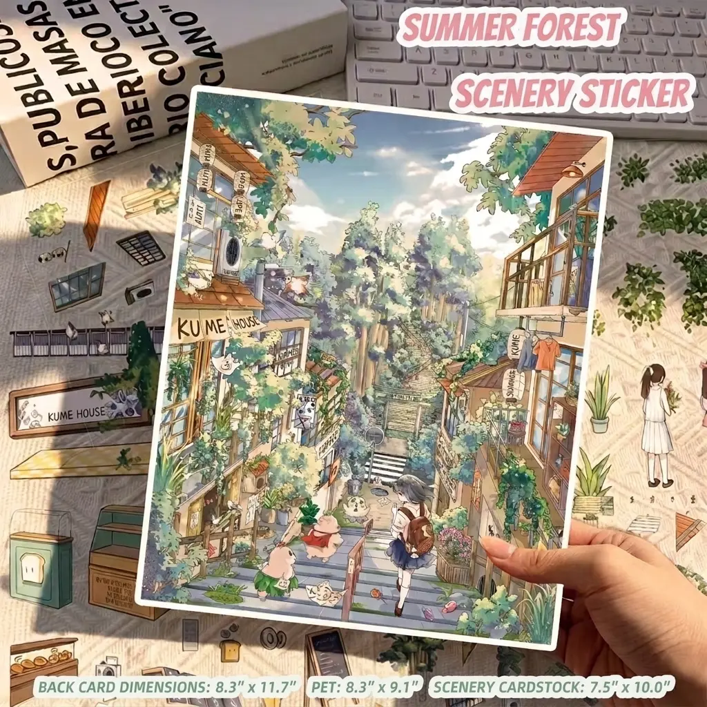 Fresh green Japanese summer country sticker set, pre-cut stickers featuring a forest, traditional houses, and tree decorations; PET stickers for DIY multi-layer 3D country street mini scenes—handcrafted gift (includes tweezers).