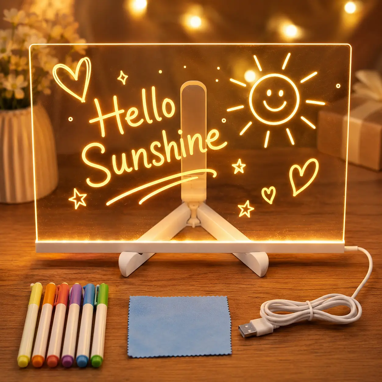 LED Message Board,Light-Up Acrylic Writing Board with Warm LED Glow, 7 Color Markers,Dry Erase Acrylic Board USB Cable, Folding Stand and Cleaning Cloth for Desk Decor and Gifts,home office accessories,desk decor