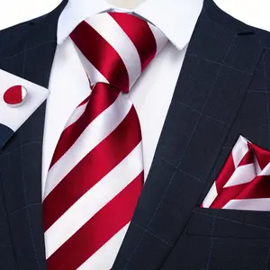 3pcs/set Red Mens Necktie, Hanky, Cufflinks with White Striped Pattern for Wedding Festival