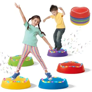 Music Light Up Stepping Stones for   - 5 count Non-Slip Stackable Plastic Sensory Stepping Stones,  Obstacle Course  Board , Gross  Energy Toys for Indoor Outdoor