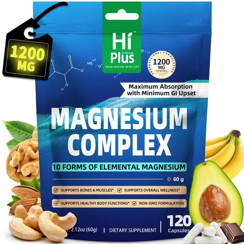 HiPlus Magnesium Complex 1200 mg ,10 Essential Magnesium Supplement Extra Strength Magnesium Supplements for Men and Women, 120 Capsules Healthcare Fitness Dietary Bathroom Edible Minerals Healthy Body Function Healthcare Supplement Advanced Supplements