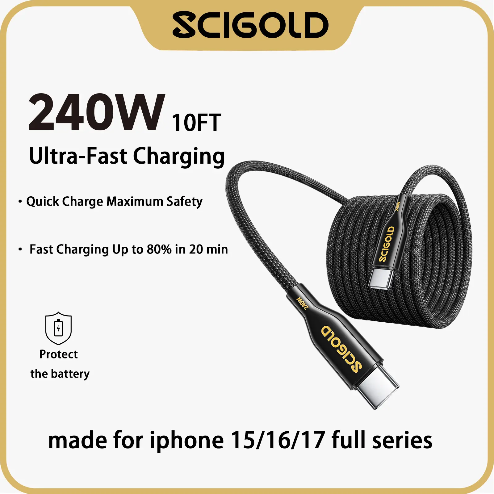 Scigold 240W USB C Cable 10FT, PD3.1 Fast Charging Braided USB C to USB C Charger Cord for iPhone 17/16, Samsung Galaxy S25/S24, MacBook, iPad & More tiktokshopbacktoschool