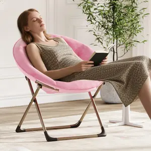 Oversized Plush Faux Fur Saucer Chair - Foldable Folding Metal Frame, Flower Shape Accent Seat, Plush Fabric Comfy Lounge Moon Chair for Adults, Bedroom (1PCS, Pink)