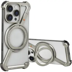 OATSBASF Minimalist Phone Case Compatible with iPhone 16 Pro Max 6.9", 360 °   Rotation Kickstand Aluminum Metal Frameless Design Bumper Z Case, Protective Shock Grade Shell, Natural Titaniumtops
