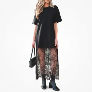 Women's Oversized T-Shirt Dress Sheer Floral Lace Maxi Skirt Patchwork Short Sleeve Y2K Grunge Streetwear