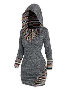 women's patchwork striped print fake buttons hooded bodycon dress, casual long sleeve short dress for fall & winter, women's casual wear clothes for daily