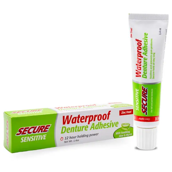 Secure Sensitive Denture Adhesive with Aloe Vera & Myrrh to Nourish Your Gums – Uppers, Lowers & Partials - Waterproof & Zinc Free – Food Grade Ingredients - Less Adhesive, More Hold – 1.4 oz