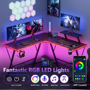 【Great Gift】Mr IRONSTONE gaming desk with led lights, gamer desk with cup holder and headphone hook, L Shaped Gaming Desk Corner Computer Desk,black computer desk tables,corner desk,space-saving tables & desks,work from home desk