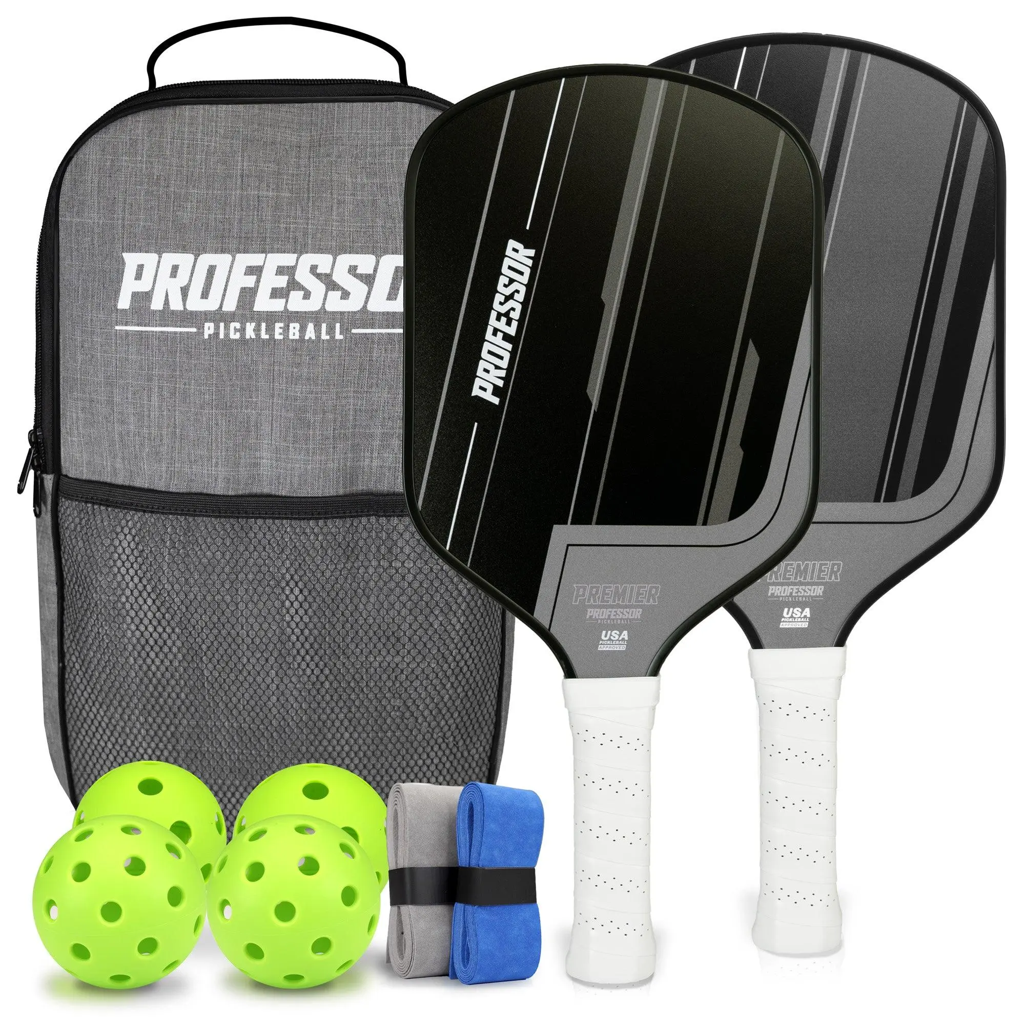 Professor Premier 2025 USAPA Approved Unisex Pickleball Set - 2 Fiber Glass Paddles (Polypropylene Core, Vibration Reduction, Stable Aerodynamic Shape, Premium Feeling, Perforated Sweat-Absorbent Grips), 4 Balls, Carrying Bag for Tournament Play, Better H