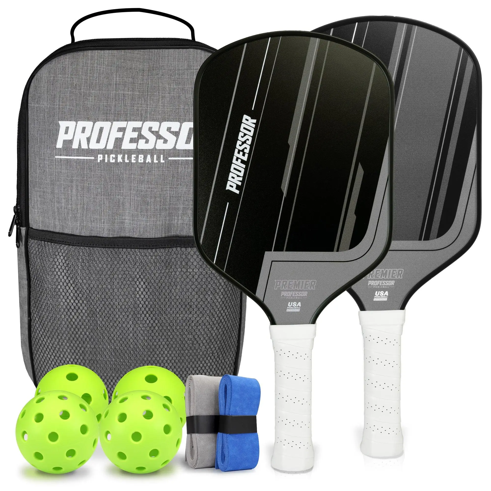 Professor Premier Pickleball Paddle Set of 2 Fiberglass Paddles, 4 Balls, Carrying Bag & Grips - 2025 USAPA Approved
