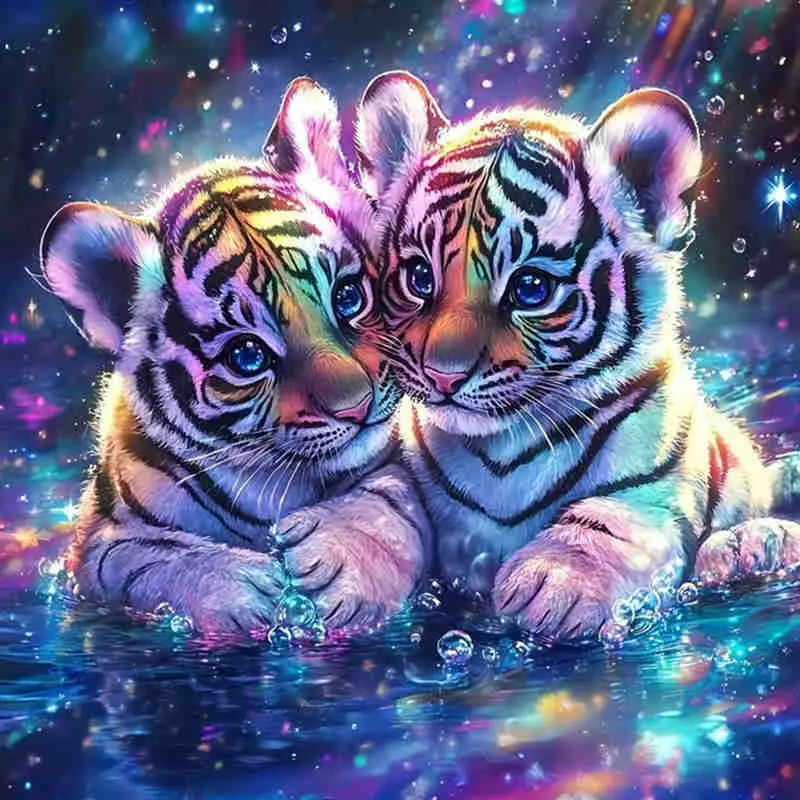 Colorful Rainbow Tiger Cubs Water 5D Full Drill Diamond Painting Kit Cute Design with Shimmering Sparkle and Bubbles Accents Fantasy Wildlife Art Style DIY Craft For Home Wall Decor Ideal Gift For Tiger Lover And Craft Enthusiasts