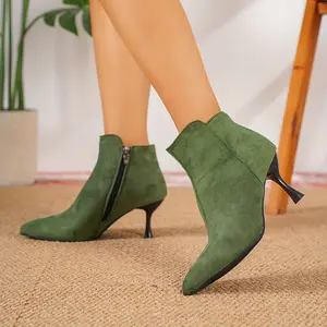 Women'S Olive Green Pointed Toe Stiletto Heel Ankle Boots with Side Zipper - Cover & Fabric Lining, Rubber Sole, Extended Sizes  for Casual & Formal Occasions, High Heel Boots, Evening Wear, Sleek Boot Design, Smooth Fabric Lining
