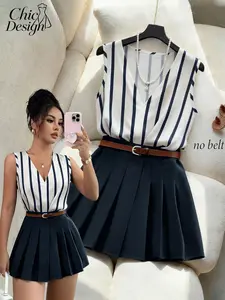Women's Two-Piece Set, Striped V-Neck Cardigan and Pleated Skirt, Fashionable Chic Casual for Spring/summer, Urban Style