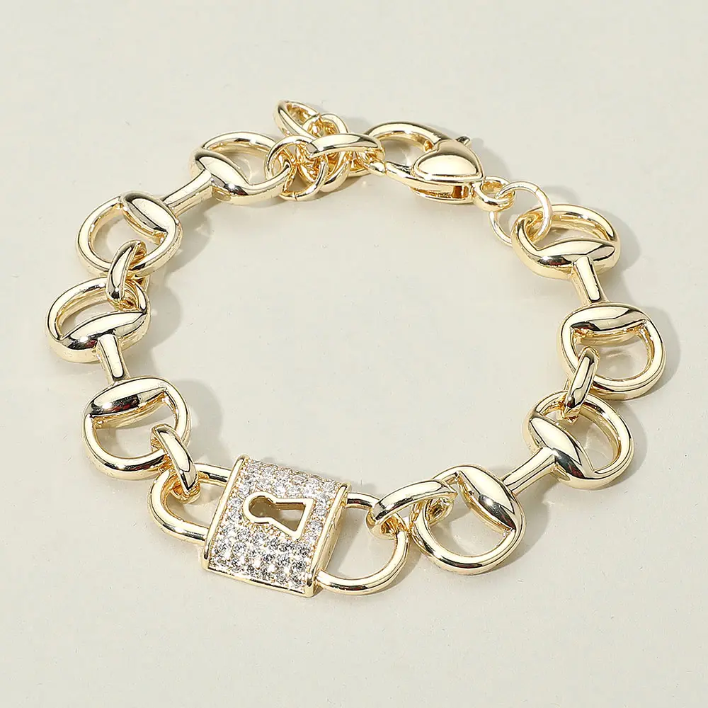 14K Plated CZ Stone Paved Padlock Accent Chunky Chain Bracelet with Lobster Clasp Closure for Statement Jewelry Elegant Design Gold Dipped