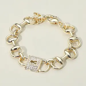 14K Plated CZ Stone Paved Padlock Accent Chunky Chain Bracelet with Lobster Clasp Closure for Statement Jewelry Elegant Design Gold Dipped