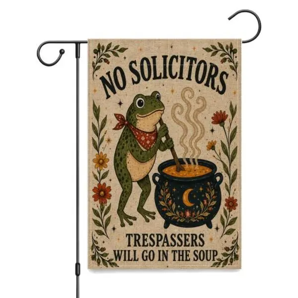 Vintage Halloween Fabric Textile Garden Flag (12x18 in) - No Solicitors, No Trespassers, Animal Motif Soup Frog Cauldron Yard Flag for Fall Outdoor Porch Yard Display Home Decor