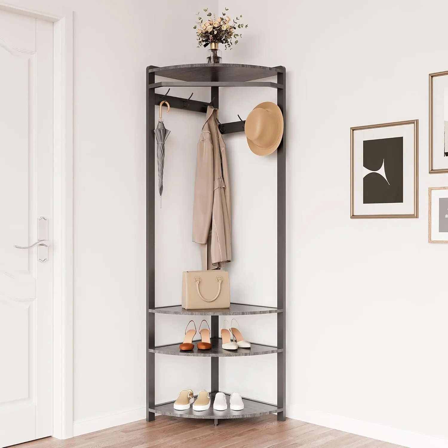 GAOMON Sturdy Floor Standing Vertical Storage Coat Rack - Metal Frame 3-in-1 90° Space-Saving Corner Solution, 70.8 in Tall, 3 Storage Shelves, 6 Double Hooks, 2 Top Anti-Tilt, Quick Assembly for Entryway, Bedroom
