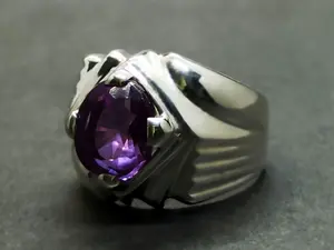 Oval Cut Deep Purple Created Alexandrite Sterling Silver 925 Handmade Mens Designed Ring