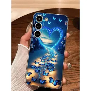 1pc Blue Butterfly Heart Transparent Soft Phone  Compatible With Samsung Galaxy Series A54/A53/A52(A52S Compatible)/A34(5G)A32(5G)/A14(5G)/A13 5G/A04S/S21/S21U/S22/S22U/S23/S23+/S23U And S24 Series A15/A35(5G)/A55(5G)/A25(5G) Shockproof Scratch Resistant