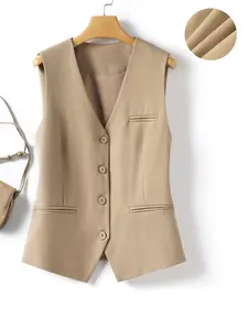 Women's Short Layered Suit Sleeveless Plain Vest Jacket, Spring & Fall Fitted V-Neck Blazer, Slimming Formal Workwear Outerwear, Single-Breasted Office Wear