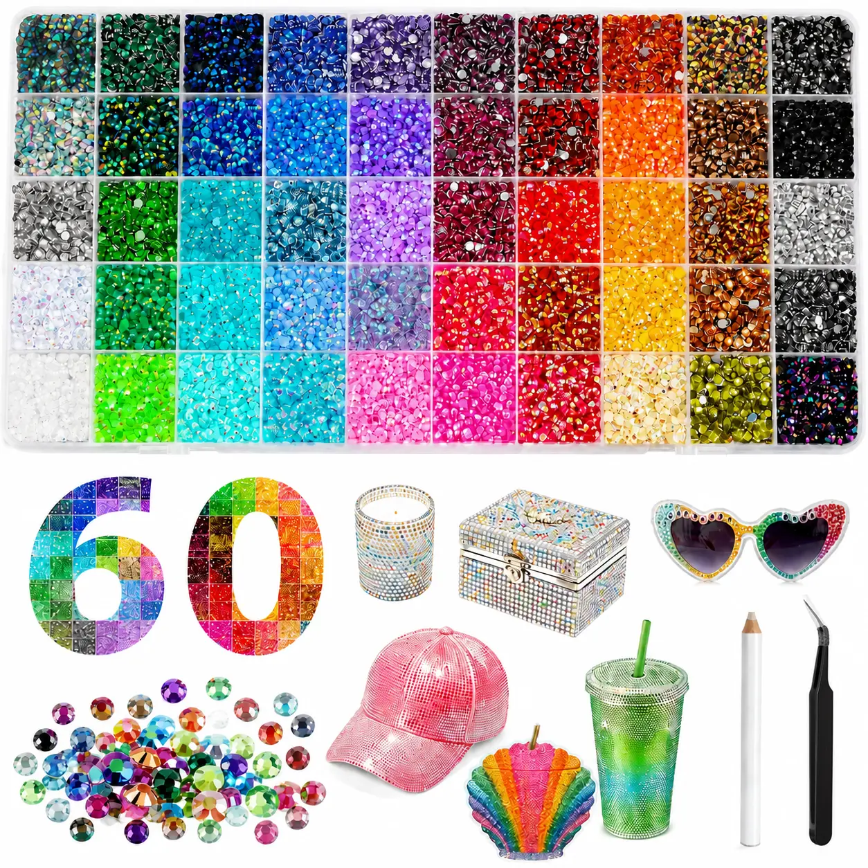 DIY Resin Jelly Rhinestones Kit-40/60 Color Multicolor Flatback Gems, Luxury Flash Flat Rhinestones with Tweezers & Dotting Pen,Ideal for Fashion, Shoes, Clothing And Packaging Decoration, Nail Additions