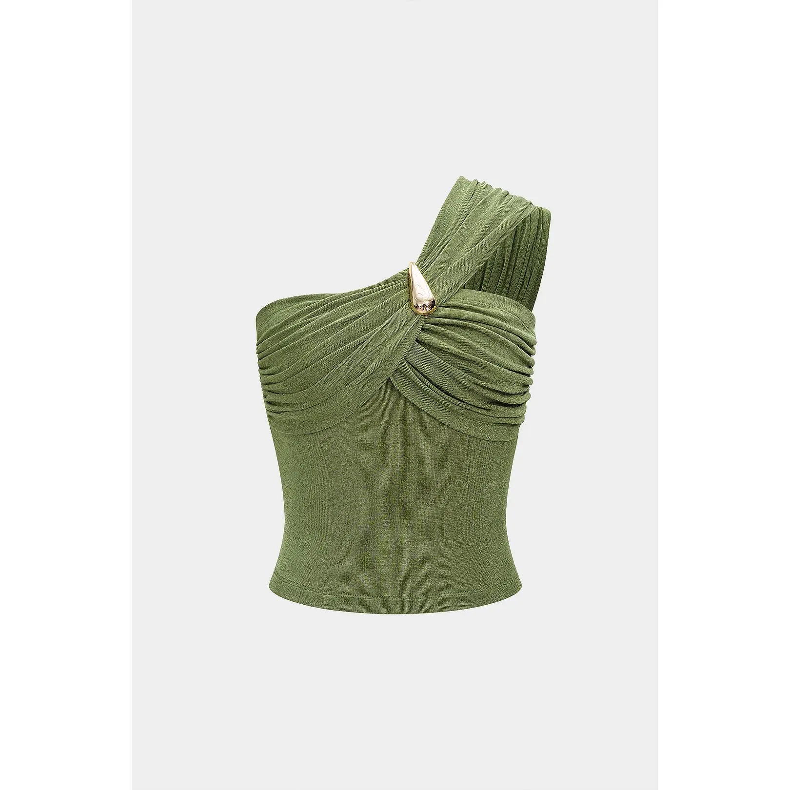 Metallic Decor One Shoulder Ruched Tank Top