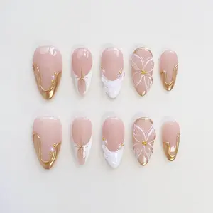 Bloom Flower White French Press On Nails Short Almond Nails/Star Nails/3d Gold Chrome Nails/White French nails/Flower Nails/Holiday Nails