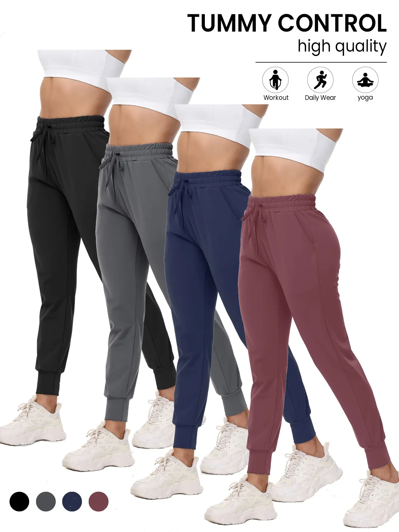 Women's 4 Pack Casual Joggers, Soft Lightweight Activewear with Pockets, Comfortable Polyester Spandex for Workout & Lounge, Medium Stretch, Gym Use, No, Gym Pants Lightweight, Outdoor Jogging Pants, Stretch Joggers, Regular Fit Jogger