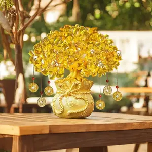 7pcs Set Crystal& Resin Money Tree Ornaments, with 6Wealth Coin Pendants-Attract Wealth& Good Fortune with Feng Shui Bonsai Style Decoration, Creative Gift for Gathering Wealth and Prosperity-Multi Purpose Ornament for Outdoor or Indoor Dec fake  flowers