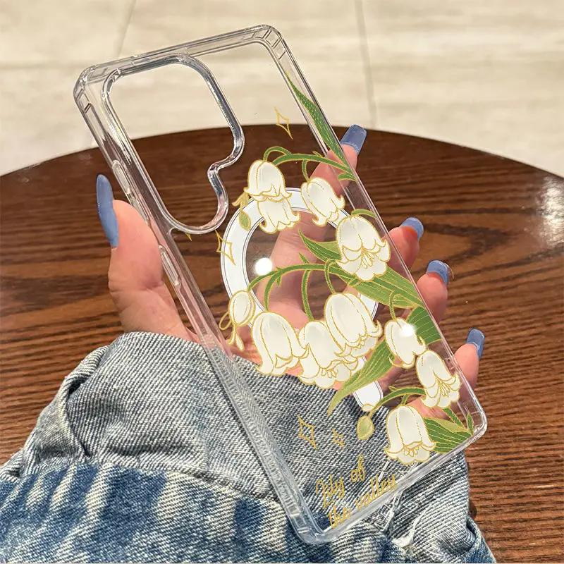 Elegant Hand-Drawn Lily of the Valley Transparent Thickened Shockproof Hard Case with Magnetic Ring.Galaxy S26 S25 S24 S23 S22 S21 S20 Fe Plus Ultra Edge S10E A57 A56 A55 A54 A37 A36 A35 A34 A26 A25 A24 A23 A17 A16 A15 A14 A07 A06 A05s Note20, Cellphone,