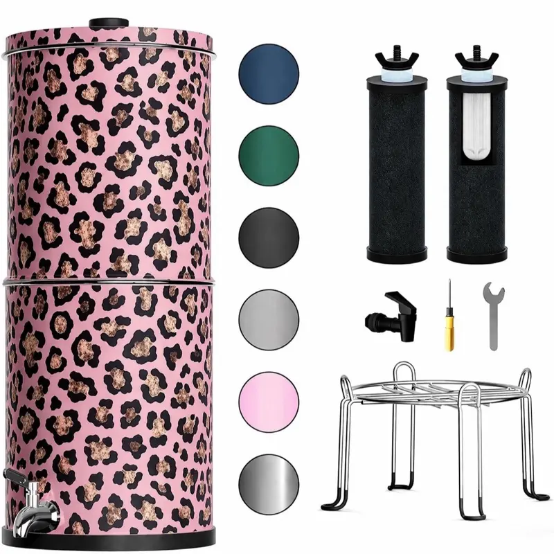 Newview 3-Stage 0.01μm Ultra-Filtration Gravity Water Filter System NSF/ANSI 42&372 Certified 304 Stainless Steel Countertop with 2 Filters Stand Reduce 99% Chlorine 2.25G PW-OB Cheetah Print