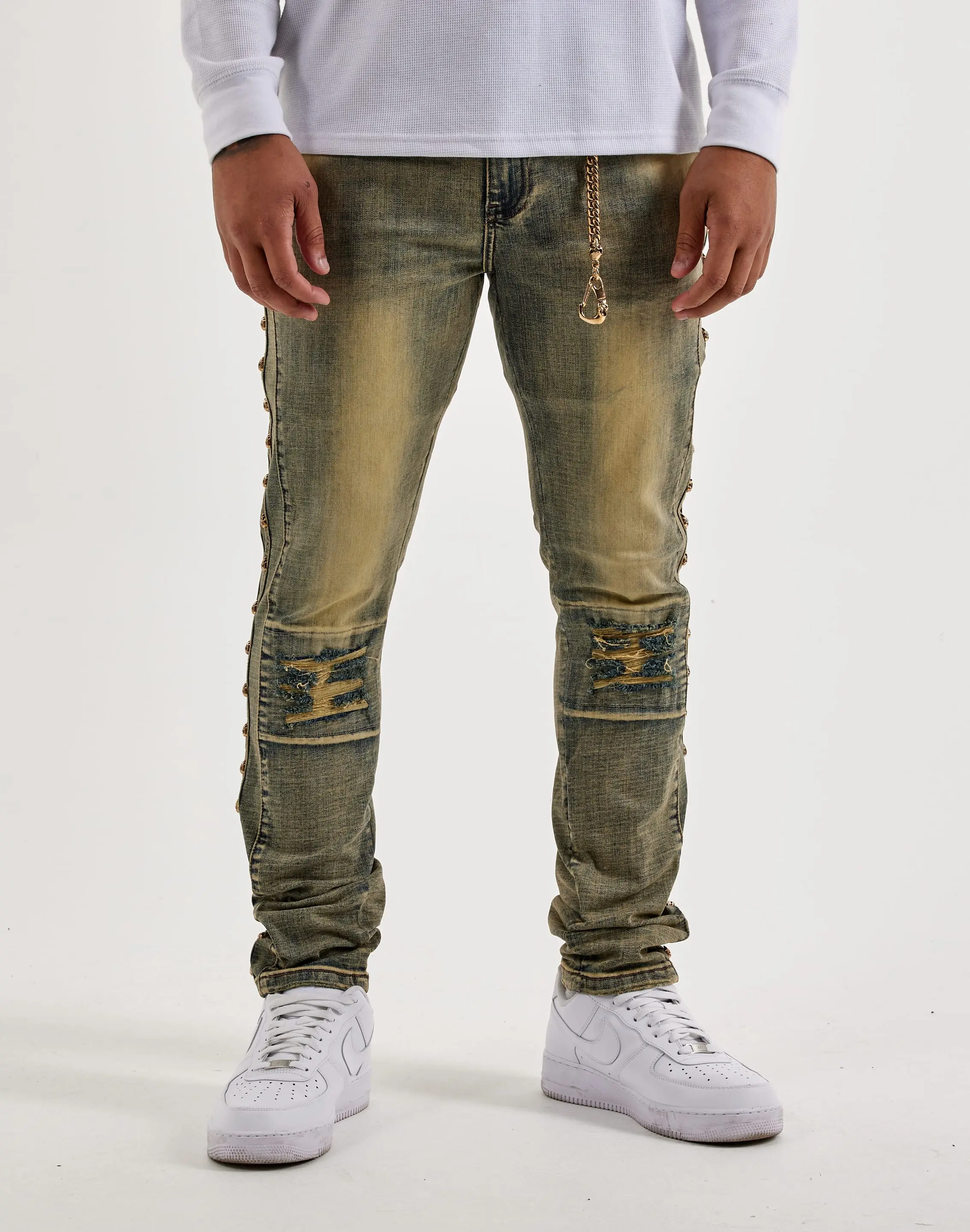 Mens Kilogram Slim Flame Rivet Distressed Denim Jeans