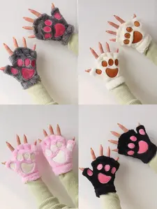 Cartoon Cat Paw Gloves, Winter Korean Style Half-Finger Plush Mitts, Cute Student Fashion Keyboard Hanging Neck, Unisex Warm Handwear