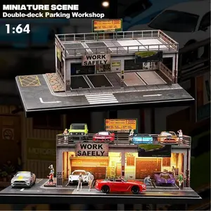 Diorama 1:64 Scale Two-story Parking Lot Building Maintenance Repair Shop Model LED Lighting Miniature Scene Die-Cast Car Collector Car Enthusiasts Ornament Gift
