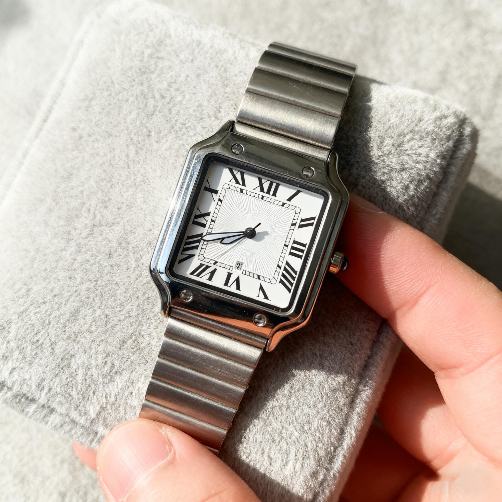 Unisex Classic Square Roman Numerals Silver Analog Water-Resistant Watch suitable for Women Men Stainless Steel Strap Date Display Casual Wristwatch